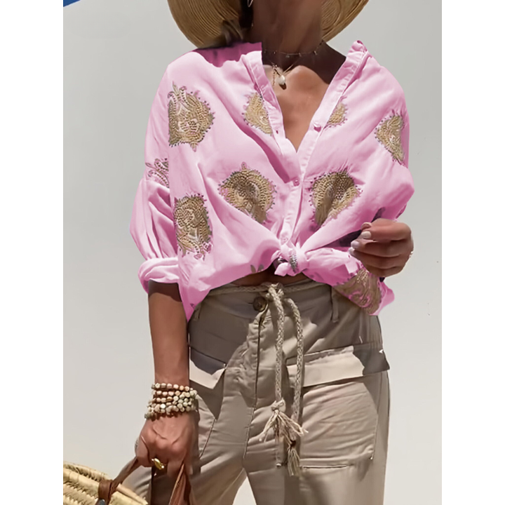 Camicia donna leggera con stampa boho. Blusa estiva a maniche lunghe, ideale per un comfort casual in primavera ed estate.
