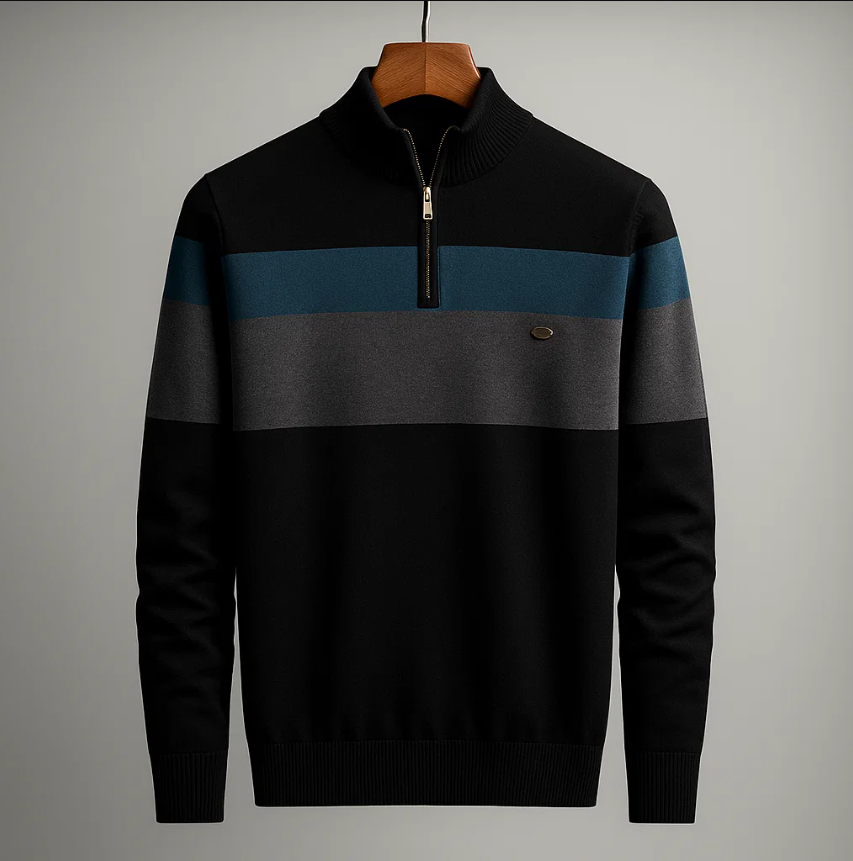 Maglione uomo nero elegante con mezza zip e dettagli a righe. Essenziale per stile autunno-inverno moda maschile.