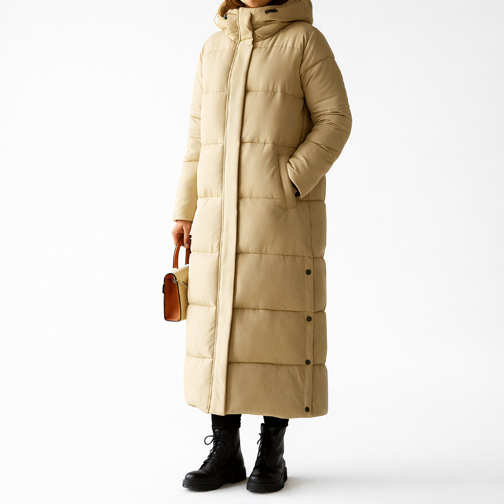 Piumino donna lungo invernale nero trapuntato, elegante e caldo per massimo comfort in città.