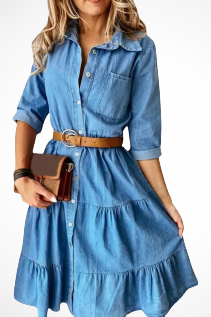 Abito midi da donna con bottoni e balze, cinturato, perfetto per primavera ed estate, look casual elegante.