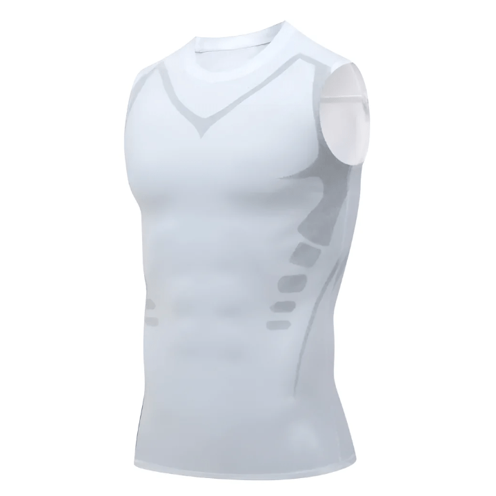 Uomo indossa canotta snellente contenitiva, ideale per fitness e sport, offre supporto e allineamento posturale.