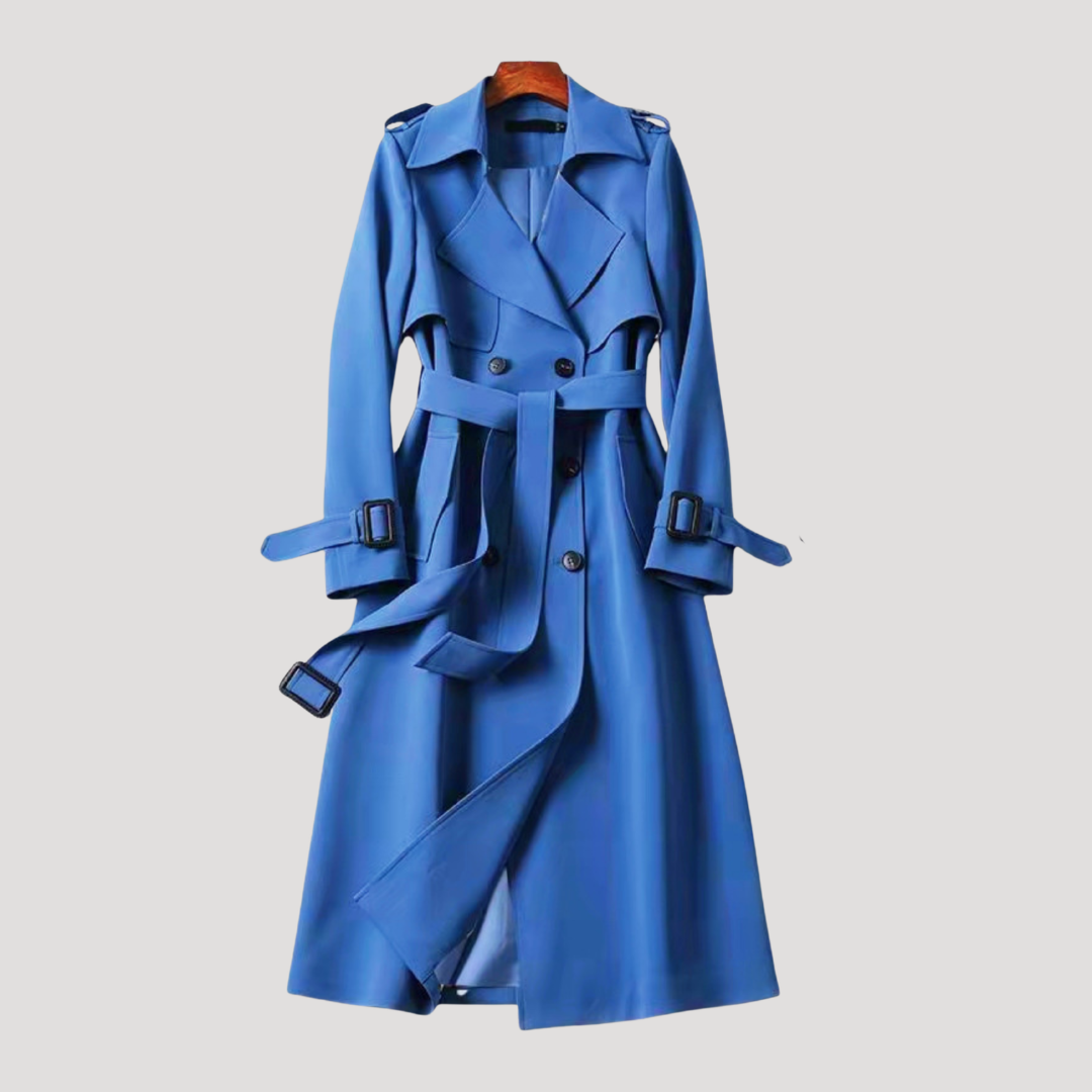 Soprabito trench donna doppiopetto con cintura, capospalla chic per moda femminile, vestibilità regolabile.