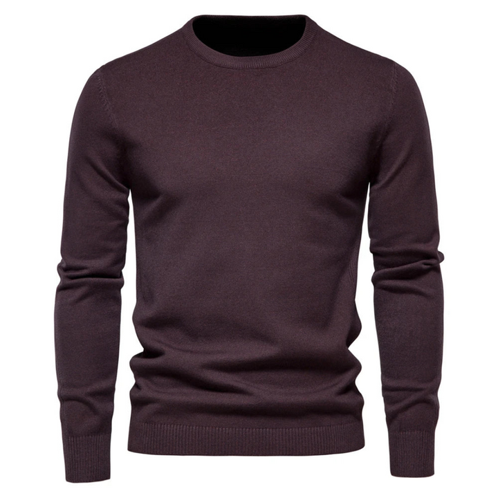 Uomo indossa elegante maglione girocollo a maniche lunghe, vestibilità comoda e look versatile. Ideale per la moda maschile.