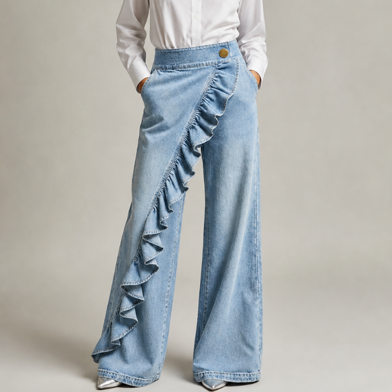 Pantaloni a gamba larga donna neri, vita alta e volant, abbigliamento versatile casual elegante per ogni occasione.