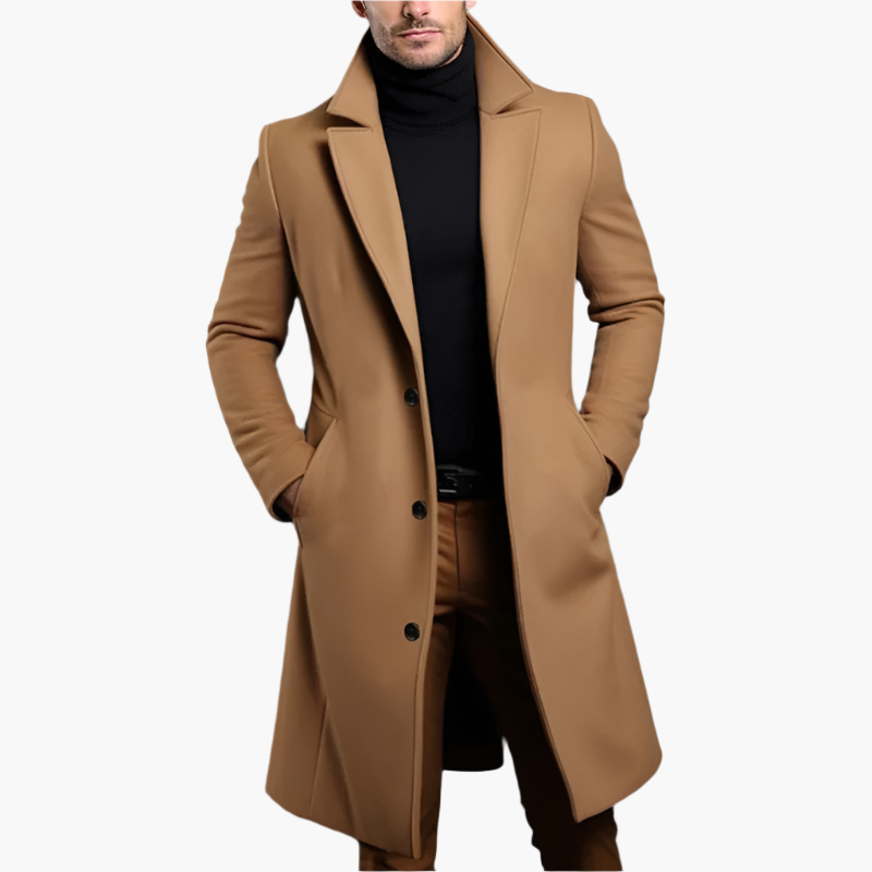 Elegante cappotto invernale da uomo in stile classico, monopetto e lungo. Ideale per un look caldo e sofisticato grigio.