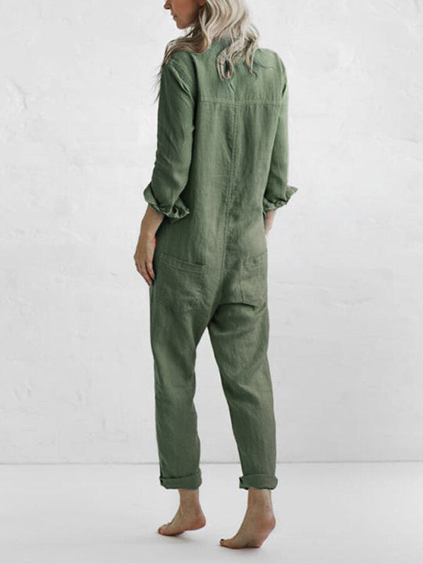 Jumpsuit donna con maniche lunghe e bottoni frontali, ideale per l'autunno, comoda e alla moda.