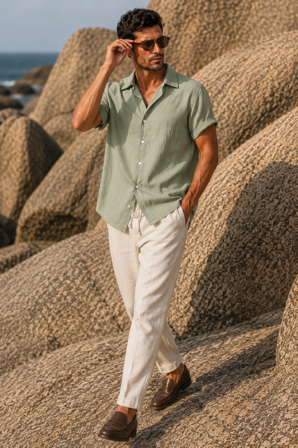 Camicia elegante da uomo verde salvia, maniche corte, versatile per outfit estivi casual o raffinati.