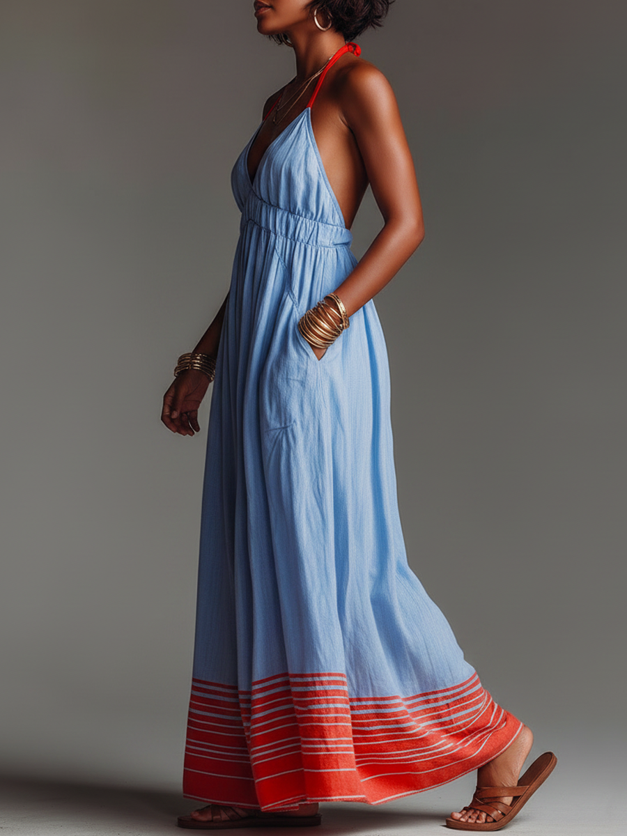 Elegante abito maxi donna a righe con scollo all'americana e tasche. Ideale per un look comodo e alla moda estiva.