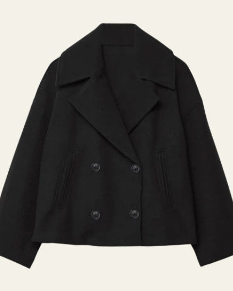 Elegante cappotto invernale corto, doppiopetto, per donna, con confortevole effetto lana.