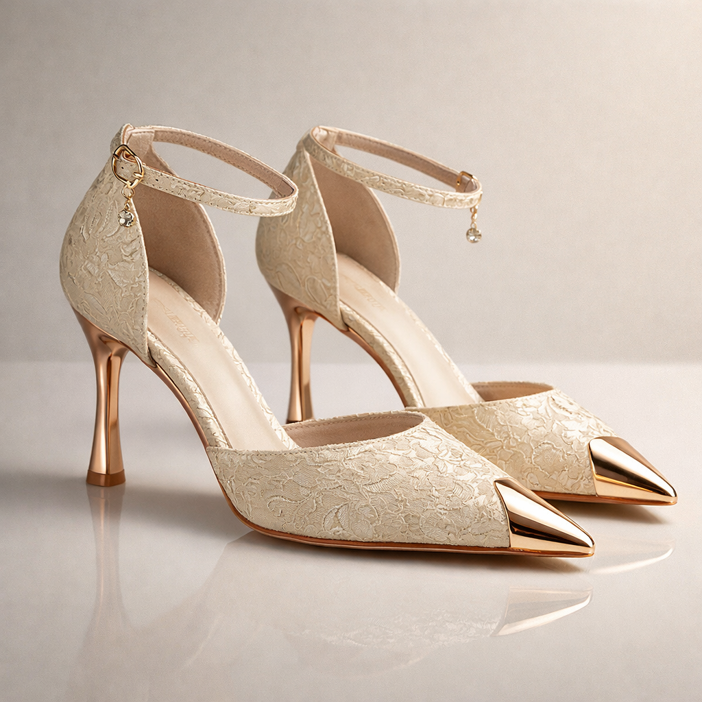 Scarpe donna décolleté ametista, tacco stiletto e cinturino caviglia. Calzature eleganti punta affusolata.