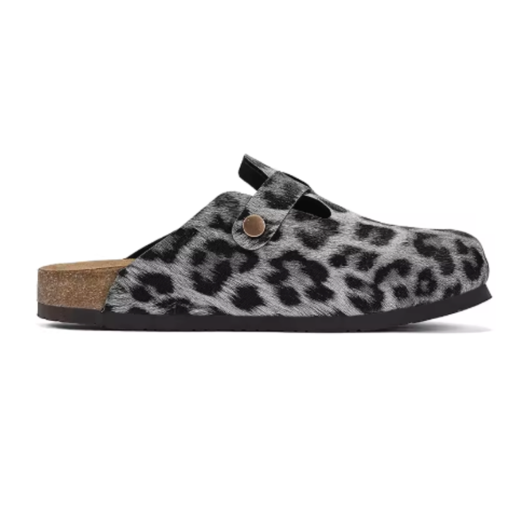 Zoccoli donna in pelle leopardata, marrone/grigio. Calzature estive chic per uno stile unico e audace.