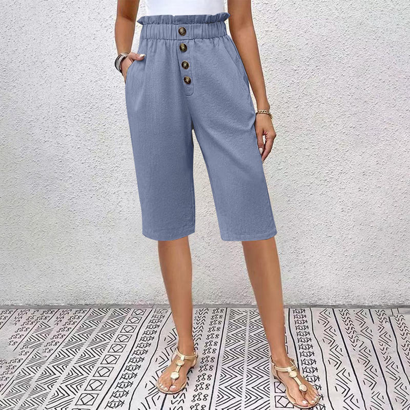 Pantaloncini estivi donna vita alta con tasche, perfetti per un look casual e confortevole in estate.