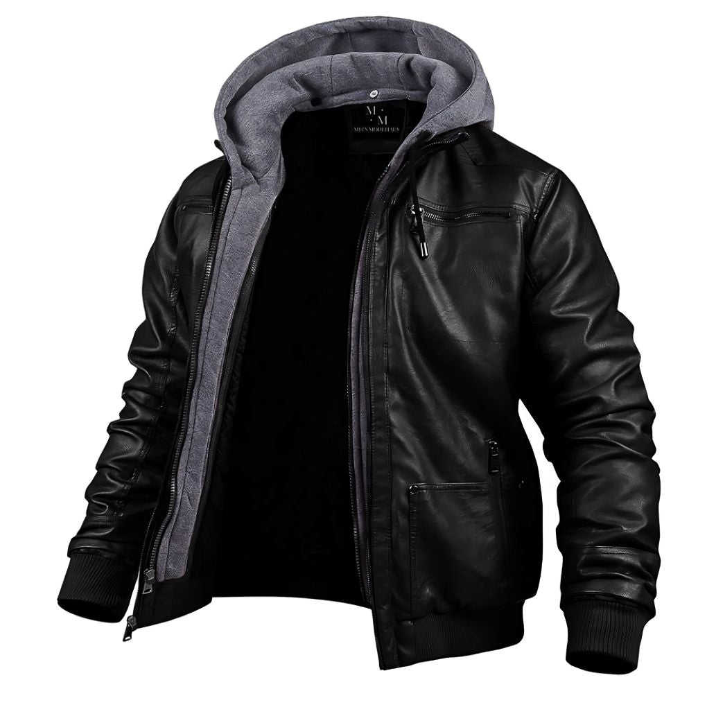 Calda giacca da uomo in pelle con cappuccio per l'inverno, capospalla confortevole e alla moda per ogni occasione.