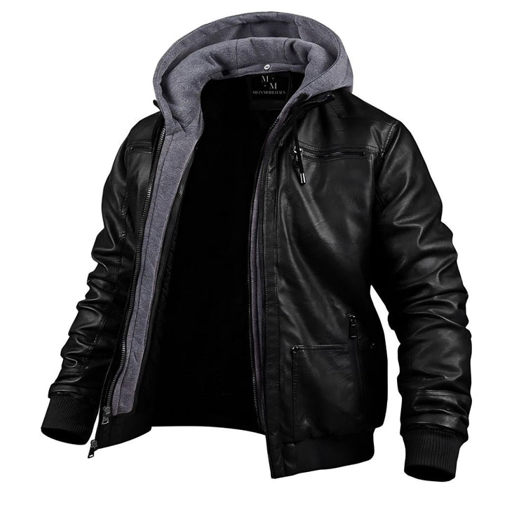 Calda giacca da uomo in pelle con cappuccio per l'inverno, capospalla confortevole e alla moda per ogni occasione.