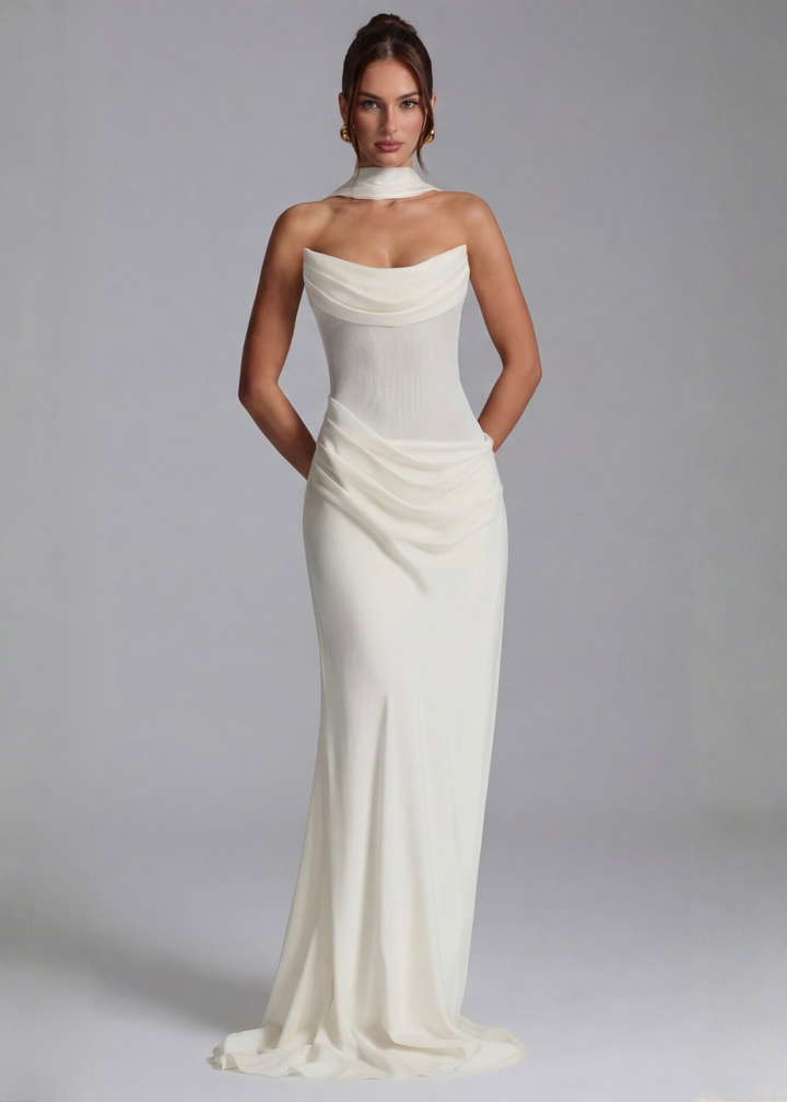Abito da sera maxi drappeggiato, in raso di seta, per donna. Vestito lungo elegante, perfetto per matrimoni e occasioni.