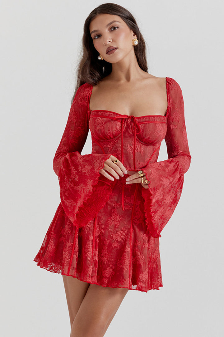 Abito mini vintage rosso, maniche lunghe, da donna, perfetto per serate autunnali.