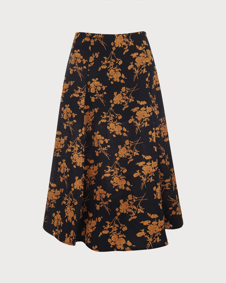 Gonna donna nera a vita alta floreale con spacco, stile vintage A-line. Versatile per outfit primaverili ed estivi.