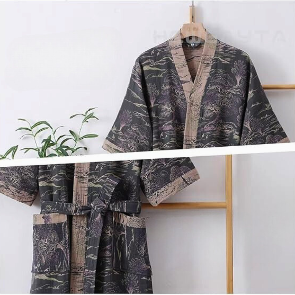 Vestaglia kimono unisex traspirante in garza di cotone, ideale come accappatoio o per il tempo libero.