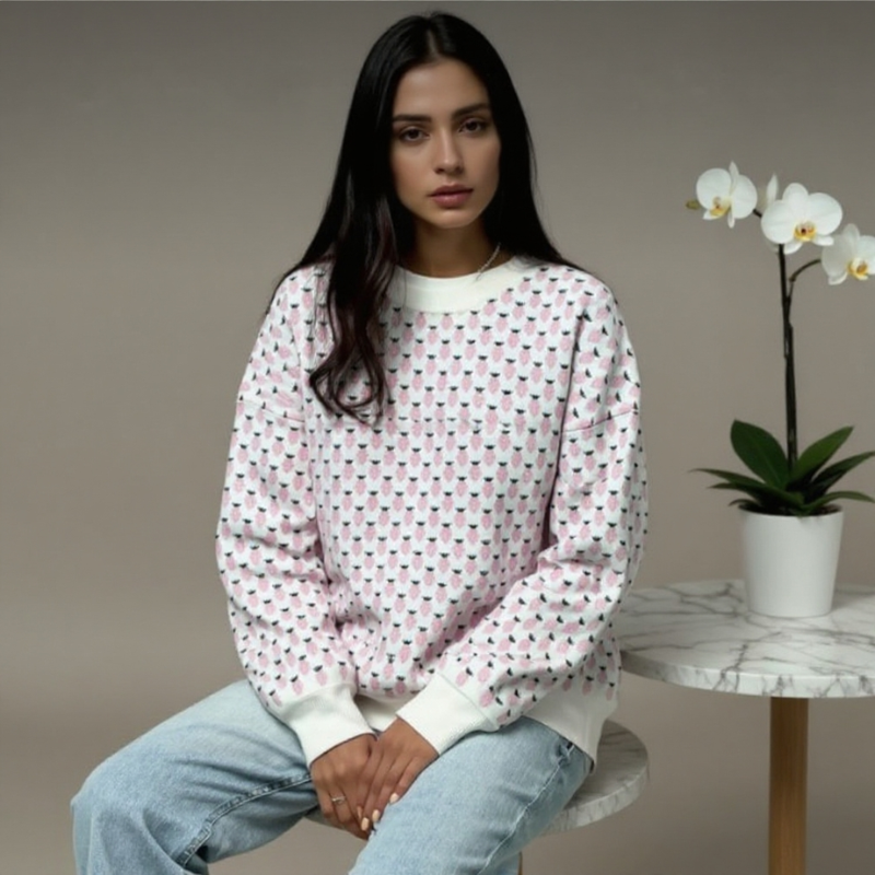 Comodo maglione donna oversize con girocollo e vivace stampa fragole. Perfetto per look casual autunnali.