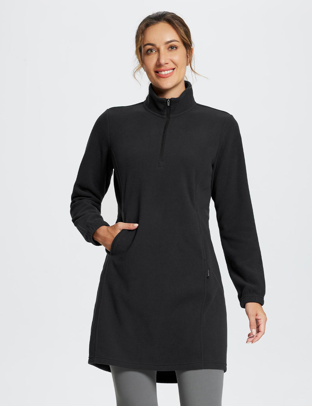 Tunica invernale donna comoda. Abito midi con mezza zip, collo alto e tasca. Per uno stile rilassato.