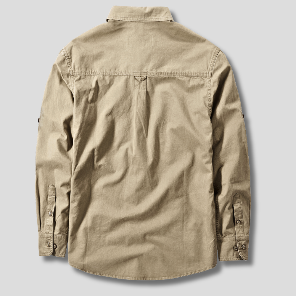 Camicia uomo cargo versatile con maniche lunghe e bottoni, perfetta per outfit casual e da lavoro.