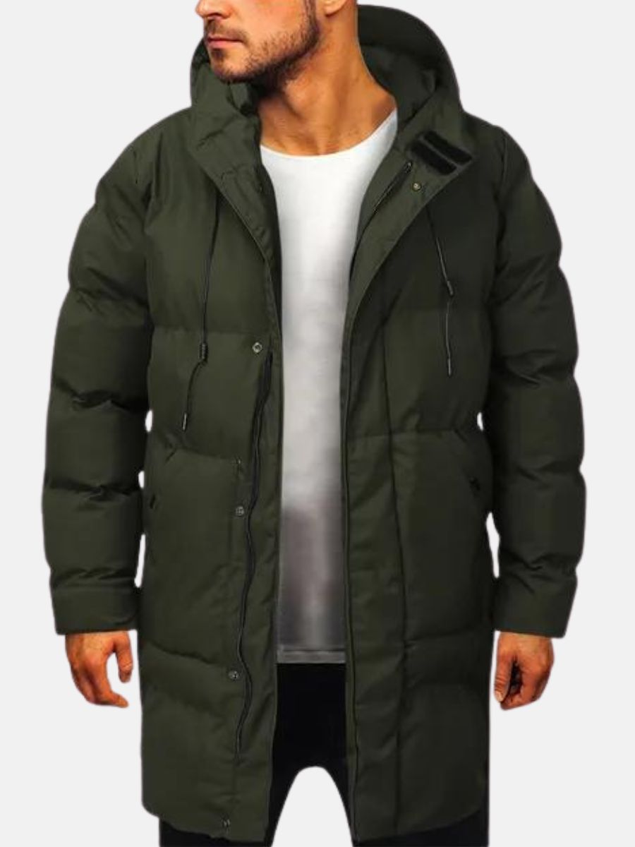 Giacca puffer uomo invernale, parka lungo e antivento, offre comfort e stile. Ideale per affrontare il freddo.