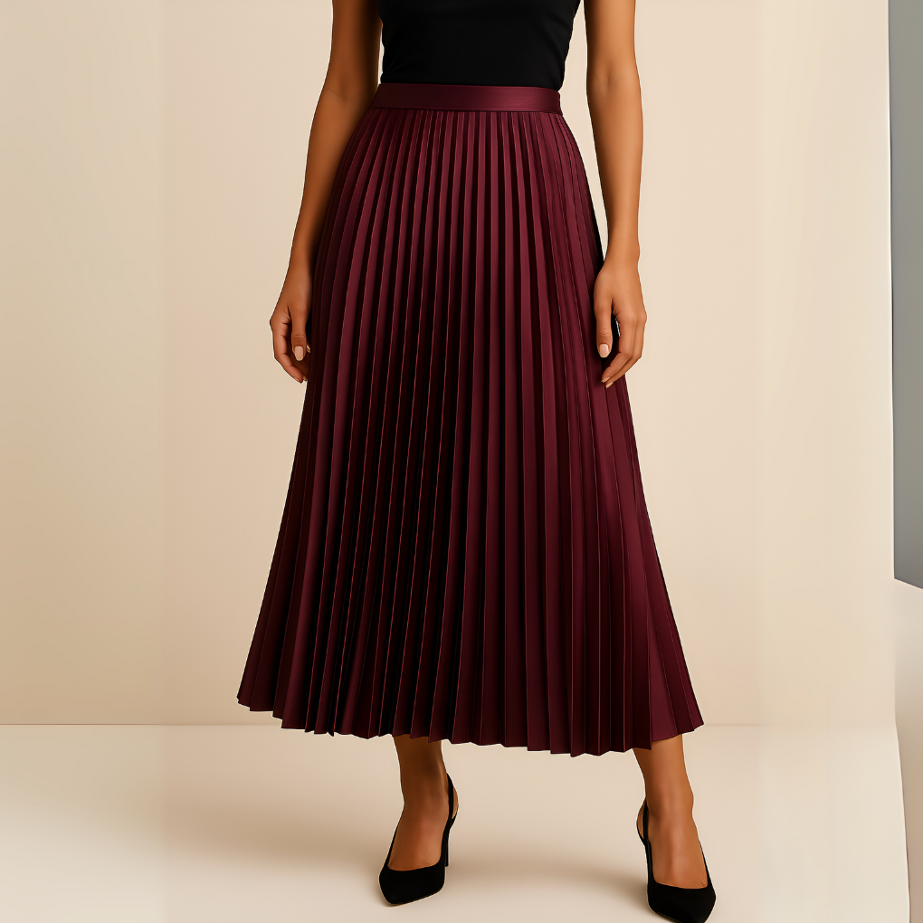 Gonna midi plissettata donna vita alta svasata. Tessuto fluido per look casual o serali, abbigliamento versatile.