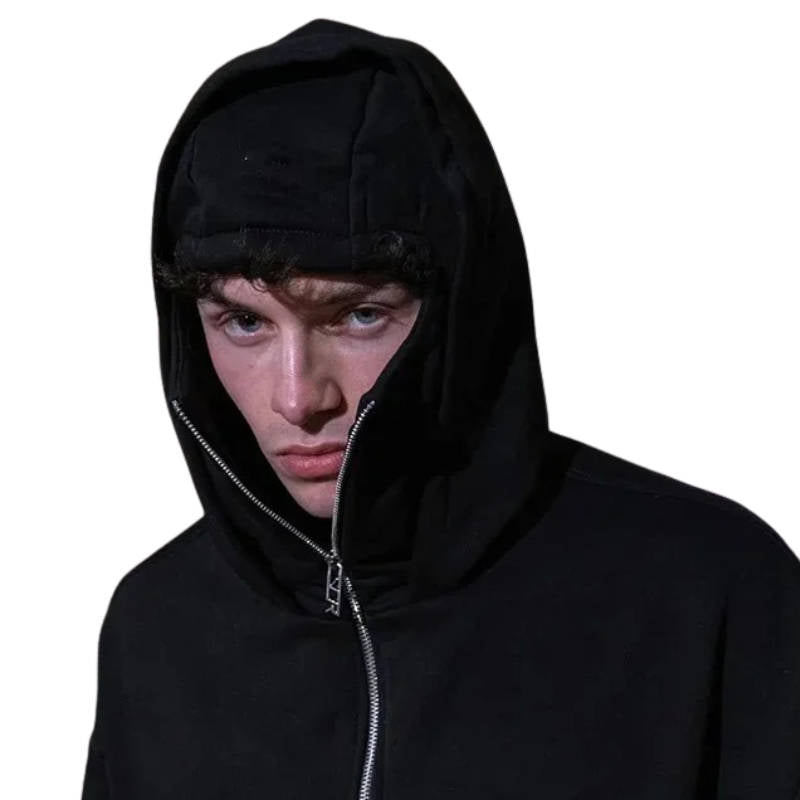 Felpa con balaclava per uomo e donna. Cappuccio e copriviso integrato con zip. Ideale per comfort e moda inverno.