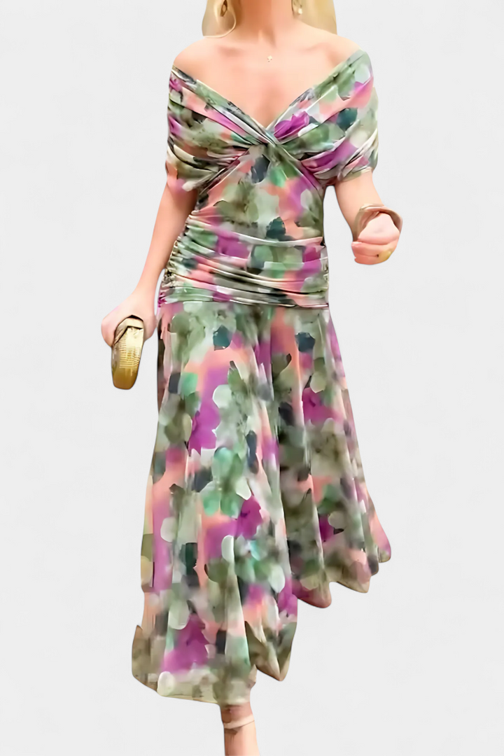 Abito lungo donna floreale, scollo a V. Vestito elegante e fluido, ideale per cerimonie estive.
