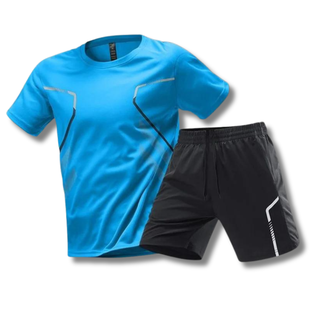 Abbigliamento sportivo uomo premium. Completo estivo in tessuto traspirante per comfort e prestazioni.