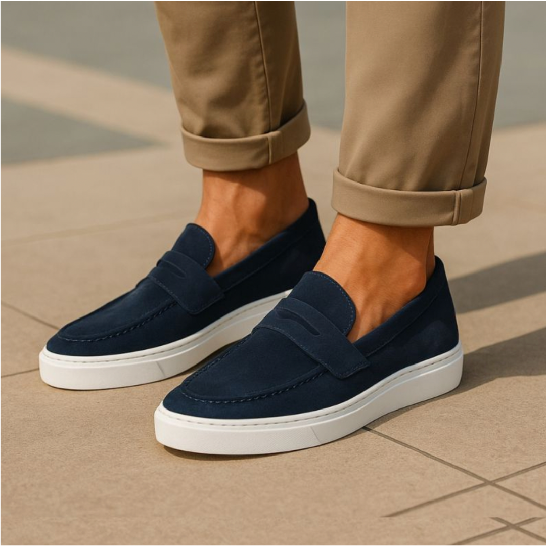 Uomo indossa mocassini rialzati Taormina beige, che offrono eleganza, comfort e 6cm extra di statura con stile.