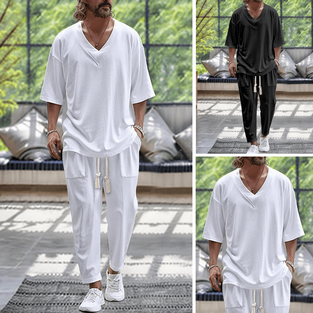 Outfit loungewear uomo oversize comodo, maglia a maniche lunghe e pantaloni coordinati per stile casual invernale.