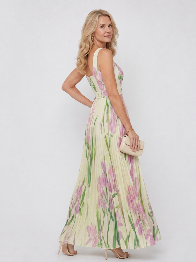 Elegante abito midi plissettato da donna, ideale per l'estate, con chic scollo quadrato e taglio senza maniche.