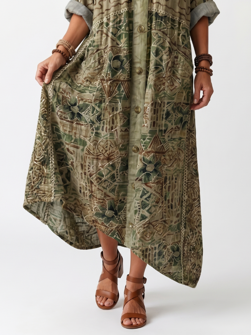 Vestito estivo midi donna floreale verde con bottoni e maniche 3/4. Stile bohemien, comfort assicurato.
