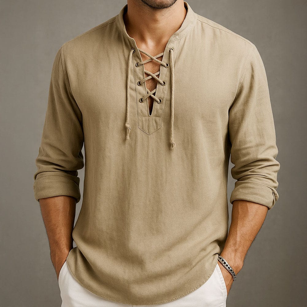 Moda uomo: camicia estiva fresca e ventilata con laccio sul davanti, perfetta per un outfit casual e stiloso.