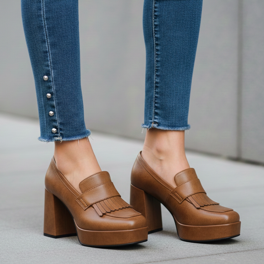 Scarpe mocassino donna chic con plateau, tacco largo stabile e design slip-on, perfette per look eleganti.