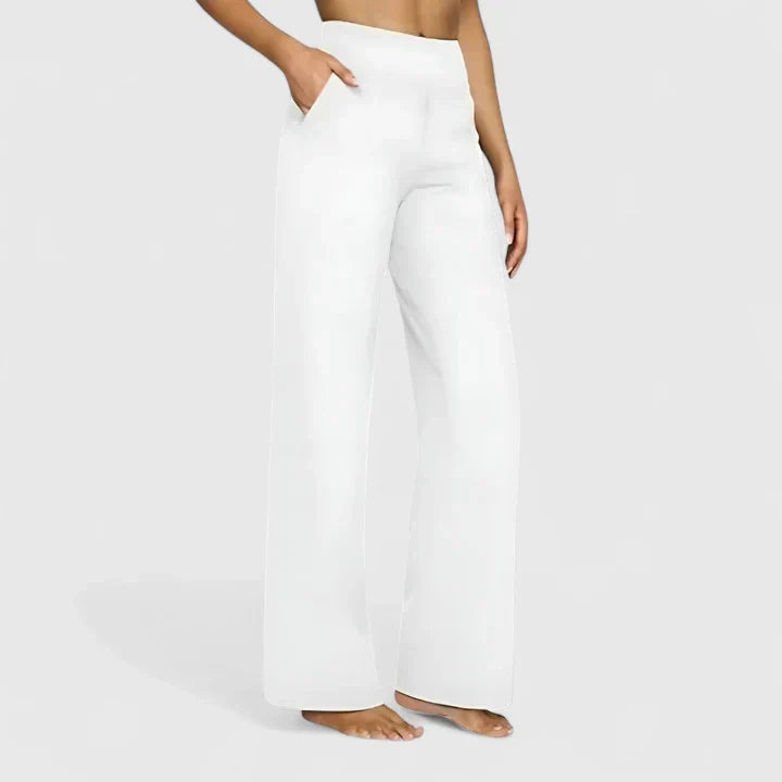 Pantaloni donna a vita alta, gamba dritta, abbigliamento versatile per look eleganti o casual. Comfort garantito.