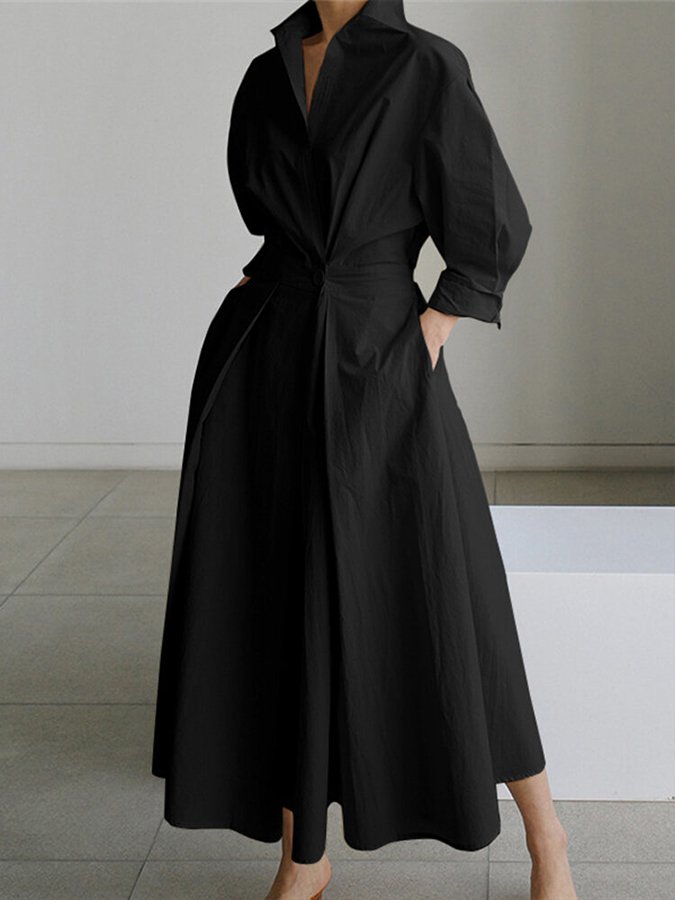 Vestito chemisier lungo da donna con elegante colletto a punta e cintura coordinata che accentua la vita, moda versatile.