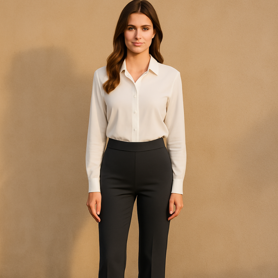Vita alta elasticizzata e tasche laterali dei pantaloni donna neri, comodi e alla moda.