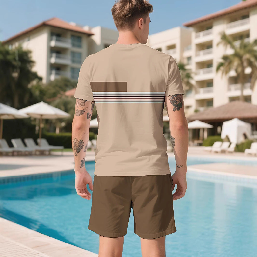 Completo due pezzi uomo estivo: t-shirt e pantaloncini sportivi stampati. Abbigliamento versatile e comodo.