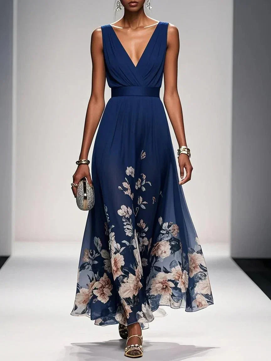 Vestito lungo fluido donna con stampa floreale e scollo a V, ideale per invitata matrimonio autunno.