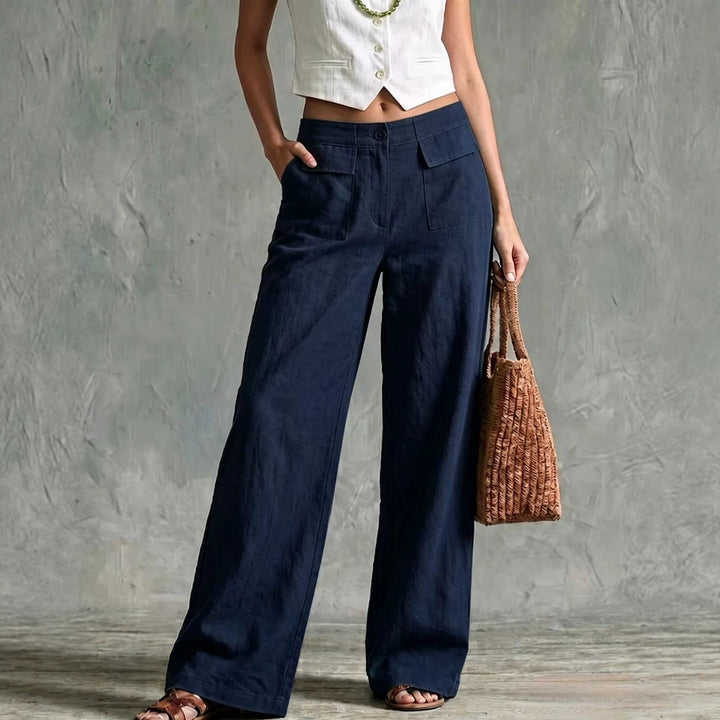Pantaloni donna larghi a vita alta con vita elastica, tinta unita. Comodi per primavera estate.