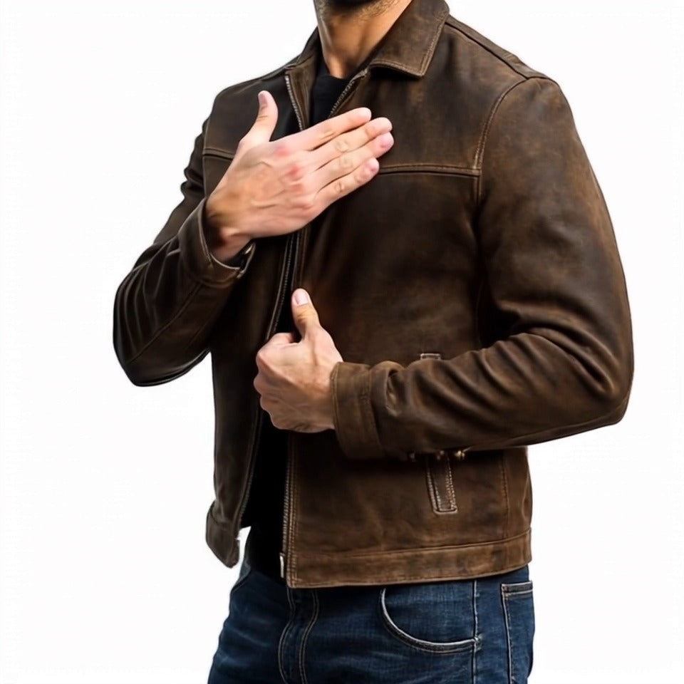 Giacca uomo in pelle nera, collo coreana. Outerwear autunnale con cerniera, perfetta per look casual-elegante.