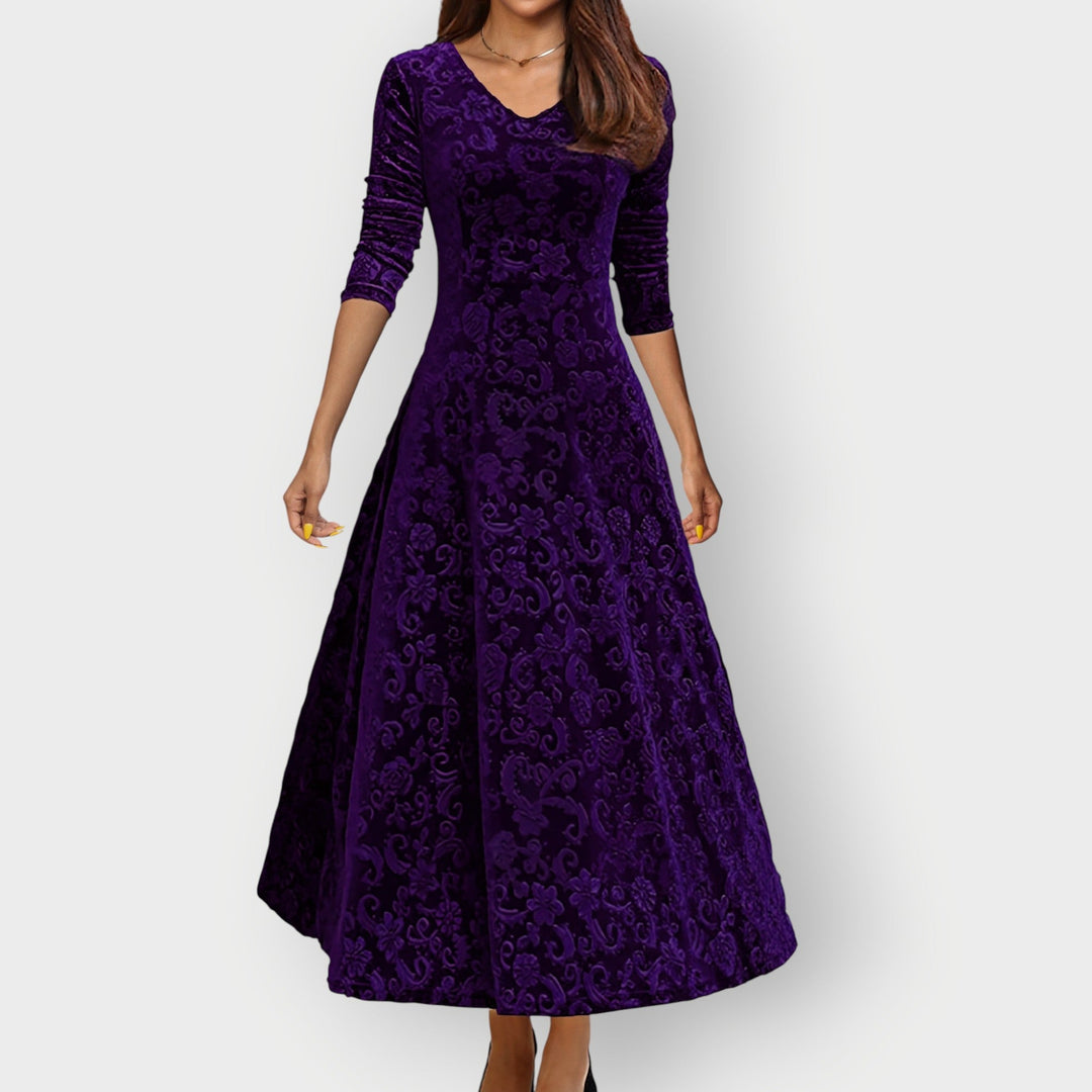 Abito midi donna svasato, scollo a V, tessuto fluido, per eventi eleganti, serate e feste di gala.