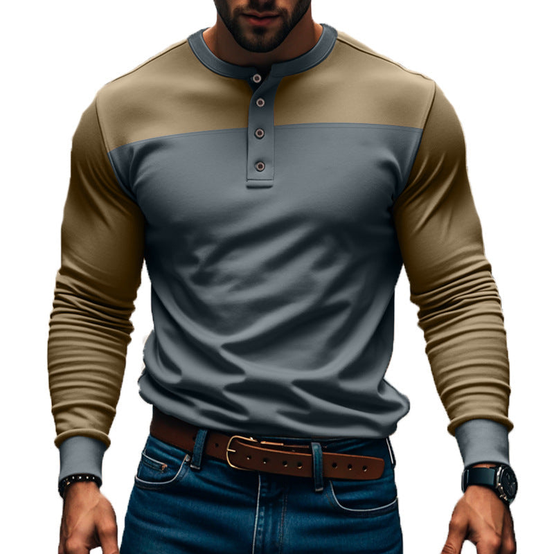 Maglia uomo Henley a maniche lunghe color block, un pullover confortevole e di tendenza per l'uomo moderno.