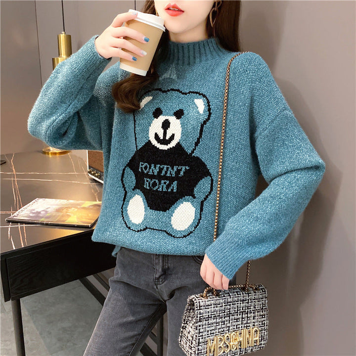 Maglione da donna in maglia autunnale con motivo orso, vestibilità ampia e confortevole, per ogni giorno.