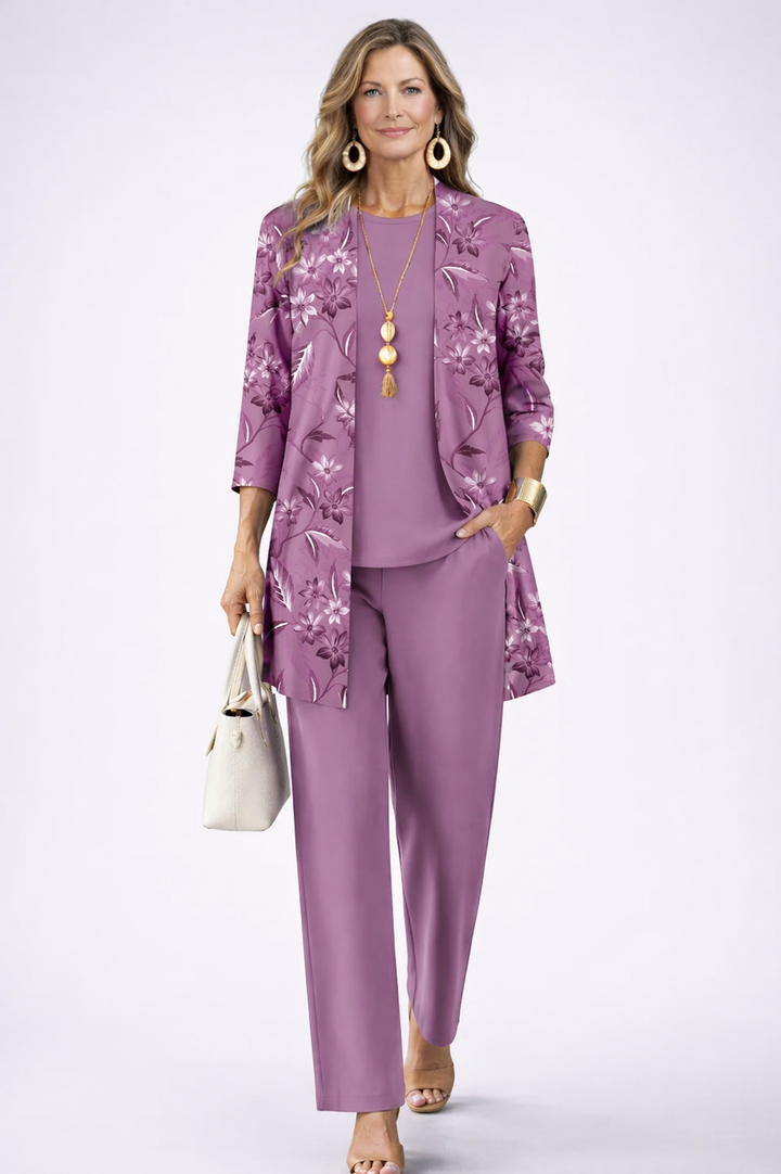 Completo donna 3 pezzi viola elegante e confortevole, ideale per outfit casual o formale, disponibile anche per taglie forti.