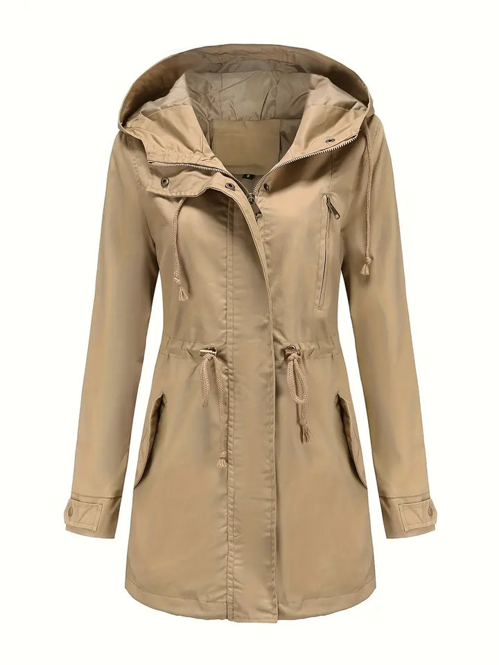Trench impermeabile donna lungo con cappuccio, stile elegante per primavera e autunno.