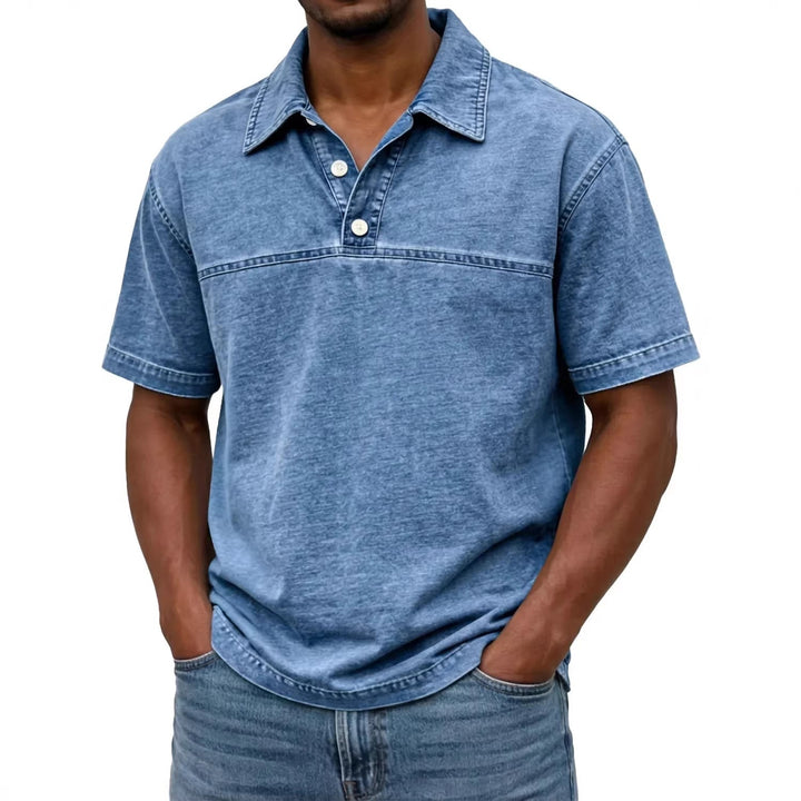 Polo uomo elegante vintage blu navy, tinta unita, manica corta, stile casual estivo.