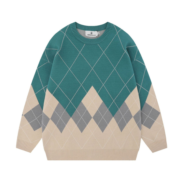 Maglione donna pullover con motivo a rombi, scollo tondo, in verde bluastro. Perfetto per moda casual ed elegante.